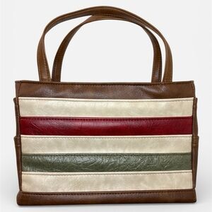 Vintage Striped Tan, Cream, Red and Green Tote Bag Like New